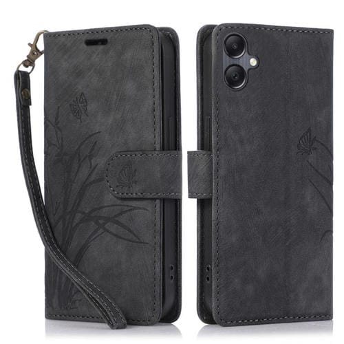Funda de Cuero Samsung Galaxy A06 Relieve Mariposa y Orquídea (Negra)