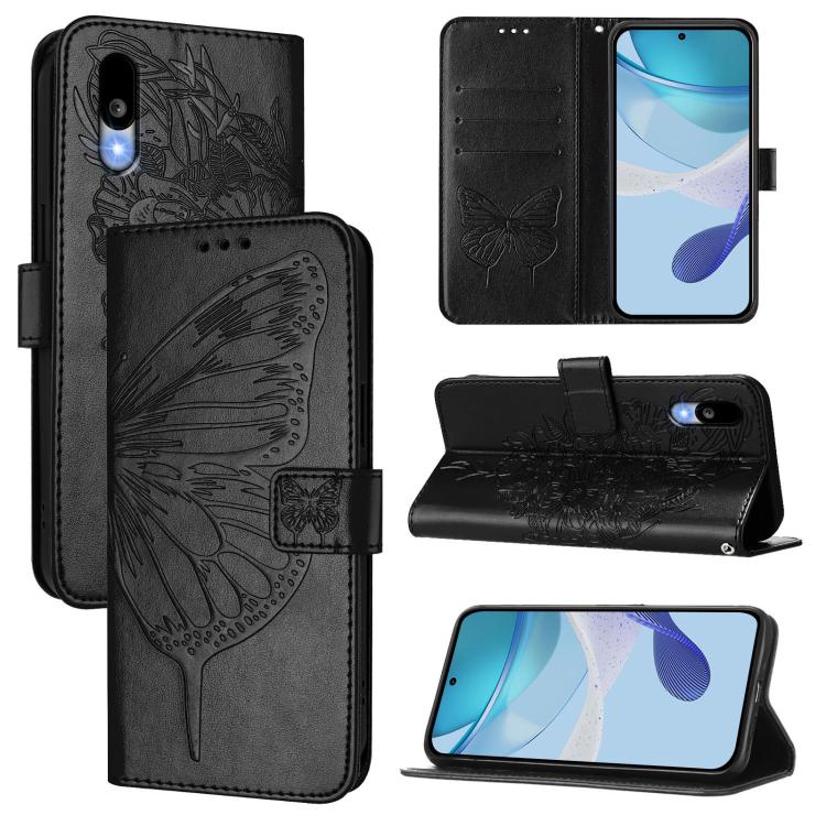 Funda de Cuero para Sharp Basio Active3 con Diseño de Mariposa en Relieve (Negra)