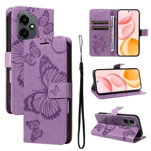 Funda de cuero con tapa y diseño de mariposas en relieve 3D para Honor 400 Global (156,5 mm) (morado)