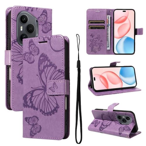 Funda de cuero con tapa y diseño de mariposa en relieve 3D para Honor 400 Pro Global (160,8 mm) (morado)