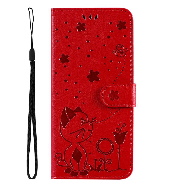 Funda de piel con tapa y diseño de gato y abeja para Samsung Galaxy A36 5G / M56 5G (roja)
