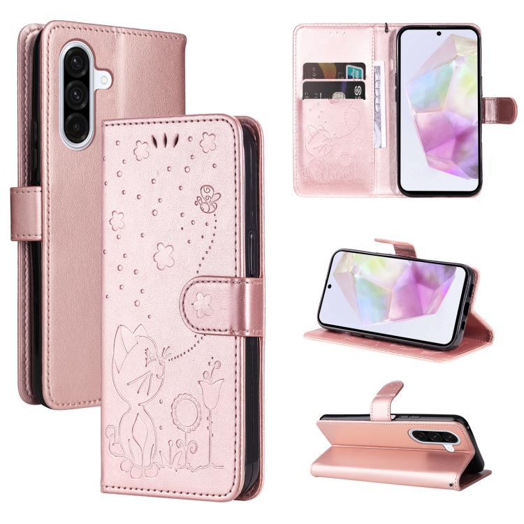 Funda de piel con tapa y diseño de gato y abeja para Samsung Galaxy A36 5G / M56 5G (oro rosa)