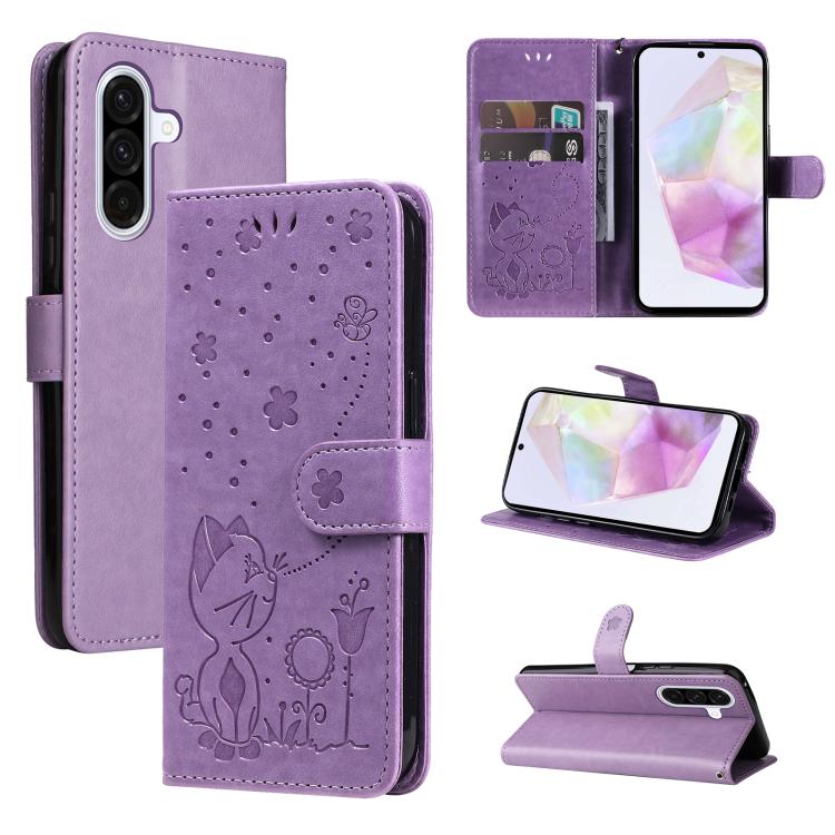 Funda de piel con tapa y diseño de gato y abeja para Samsung Galaxy A36 5G / M56 5G (morada)