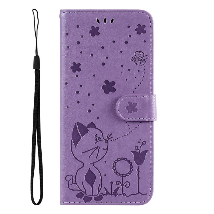 Funda de piel con tapa y diseño de gato y abeja para Samsung Galaxy A36 5G / M56 5G (morada)