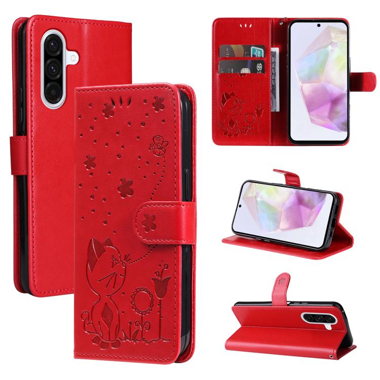Funda de piel con tapa y diseño de gato y abeja para Samsung Galaxy A56 5G (roja)