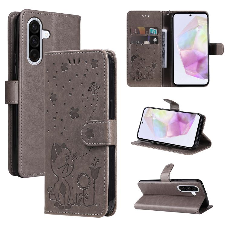 Funda de piel con tapa y diseño de gato y abeja para Samsung Galaxy A56 5G (gris)
