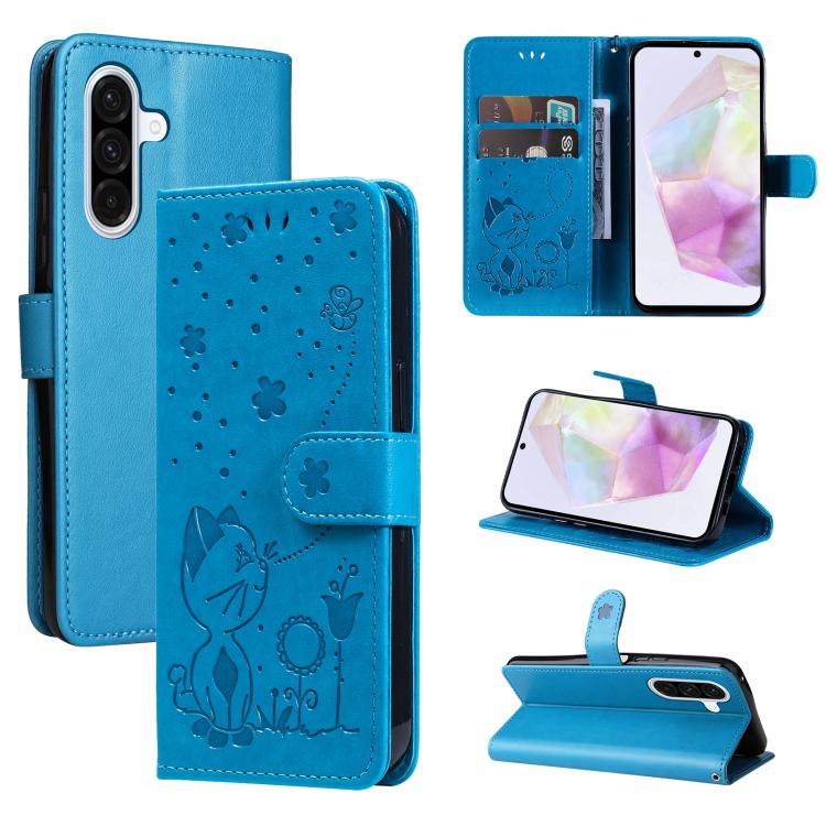 Funda de piel con tapa y diseño de gato y abeja para Samsung Galaxy A56 5G (azul)