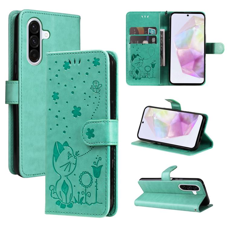 Funda de piel con tapa y diseño de gato y abeja para Samsung Galaxy A56 5G (verde)