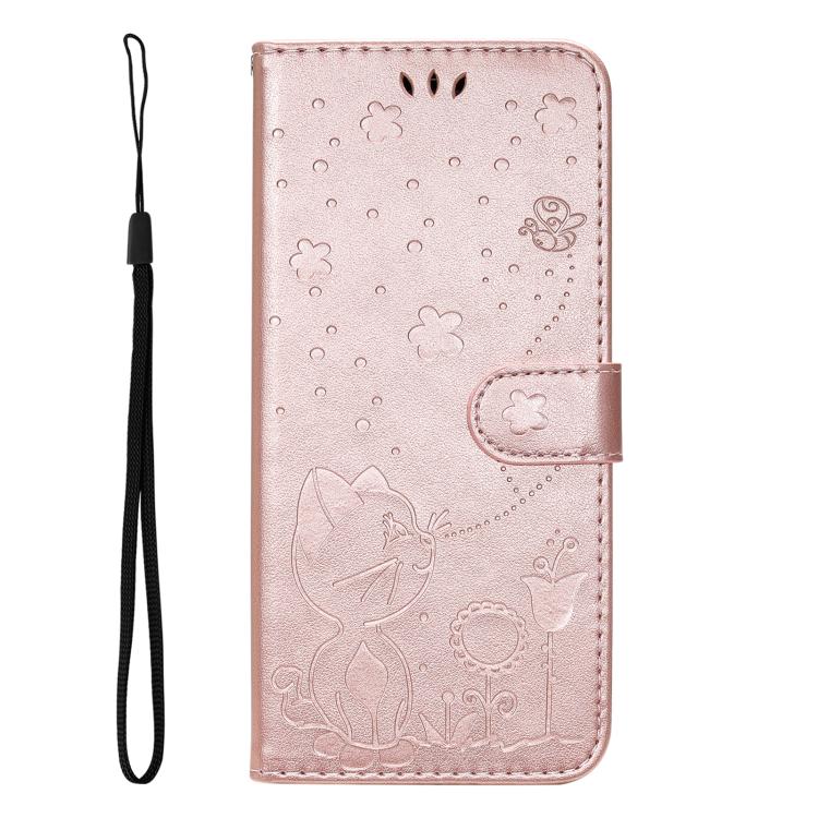Funda de piel con tapa y diseño de gato y abeja para Samsung Galaxy A56 5G (oro rosa)