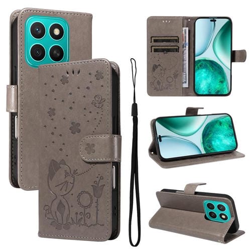 Funda de Cuero con Tapa y Relieve de Gato y Abeja para Honor X8C 4G (Gris)