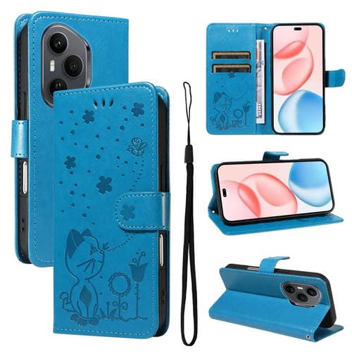 Funda de cuero con tapa para Honor 400 Pro Global (160,8 mm), diseño de gato y abeja (azul)