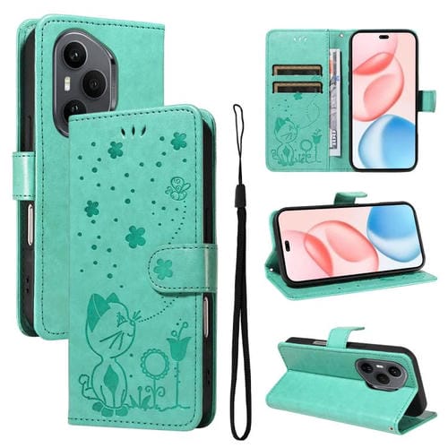 Funda de cuero con tapa para Honor 400 Pro Global (160,8 mm), diseño de gato y abeja (verde)