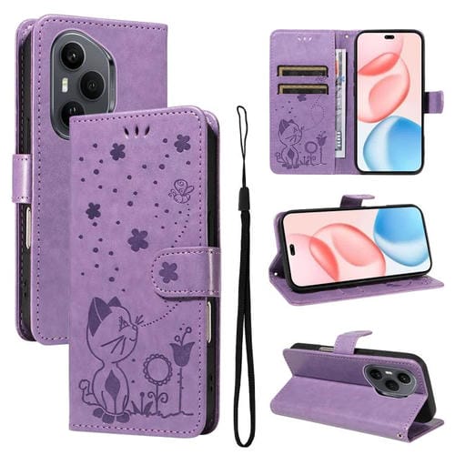 Funda de cuero con tapa para Honor 400 Pro Global (160,8 mm), con diseño de gato y abeja (morado)