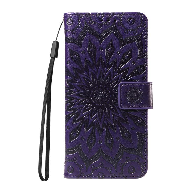 Funda de Cuero con Tapa y Estampado de Girasoles En Relieve para Oppo A5 Pro 5G (Morado)
