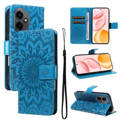 Funda de cuero con tapa y estampado de girasoles en relieve para Honor 400 Global (156,5 mm) (azul)