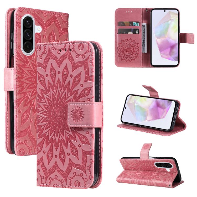 Funda de cuero con tapa y estampado de girasol en relieve para Samsung Galaxy A36 5G / M56 5G (rosa)