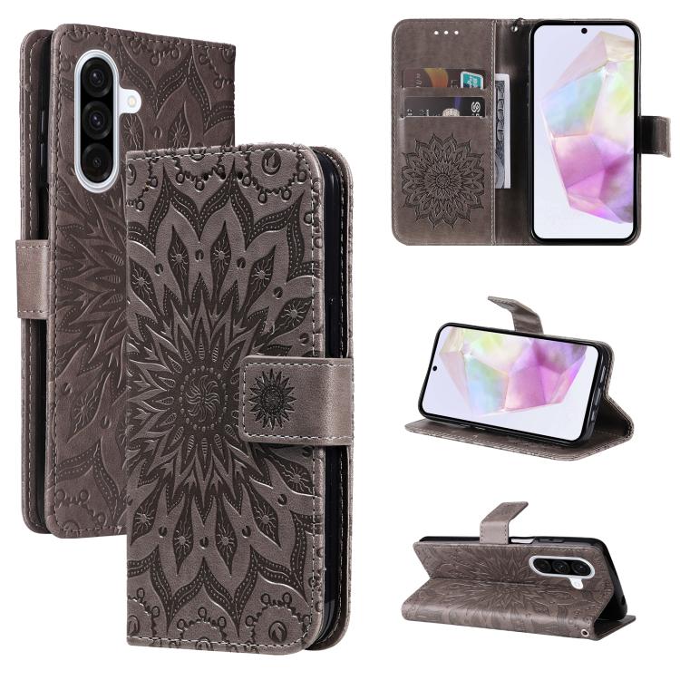 Funda de cuero con tapa y estampado de girasoles en relieve para Samsung Galaxy A56 5G (gris)