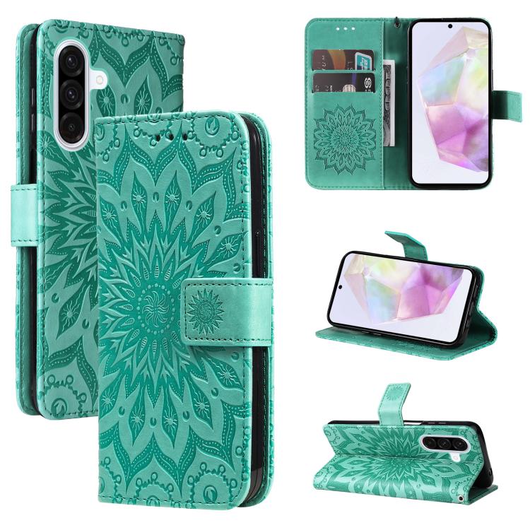 Funda de cuero con tapa y estampado de girasoles en relieve para Samsung Galaxy A56 5G (verde)