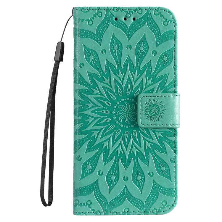Funda de cuero con tapa y estampado de girasoles en relieve para Samsung Galaxy A56 5G (verde)
