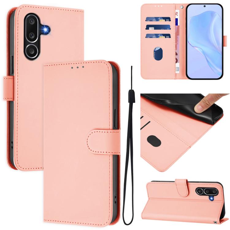 Funda de piel con textura de color liso y cordón para Samsung Galaxy M56 5G (rosa)