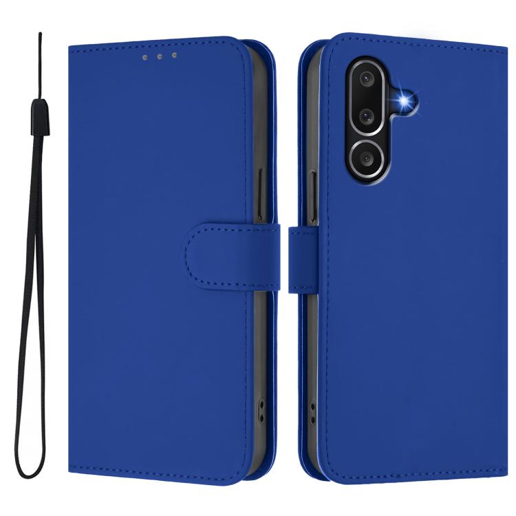 Funda de piel con textura de color liso y cordón para Samsung Galaxy M56 5G (azul oscuro)