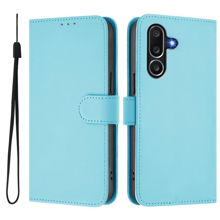 Funda de piel con textura de color liso y cordón para Samsung Galaxy M56 5G (azul cielo)