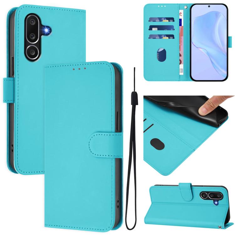 Funda de piel con textura de color liso y cordón para Samsung Galaxy M56 5G (azul lago)