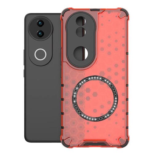 Funda para Vivo V50 5G Global Honeycomb con Anillo Magnético a Prueba de Golpes (Roja)