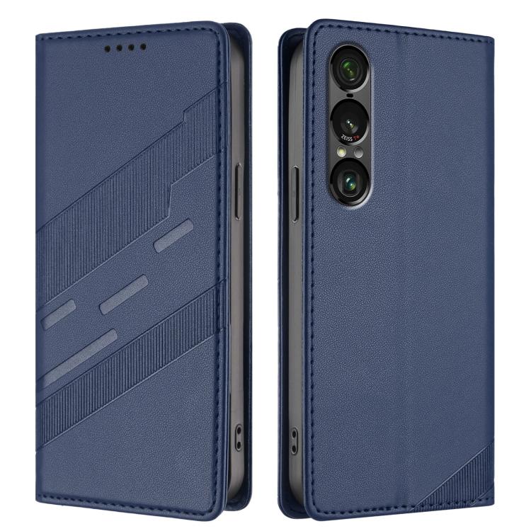 Funda de cuero retro con relieve para Sony Xperia 1 VII (azul oscuro)