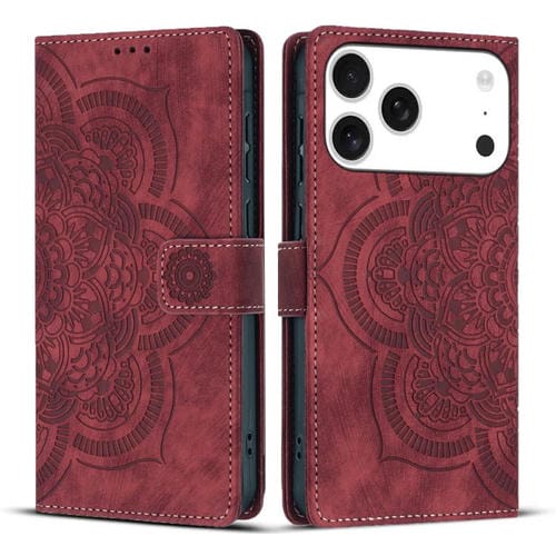 Funda de cuero retro esmerilado con diseño de mandala en relieve para iPhone 17 Pro Max (roja)