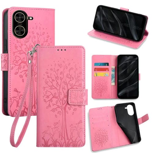 Funda de piel con relieve de árbol y ciervo para Redmi A5 4G (171,7 mm) (rosa)