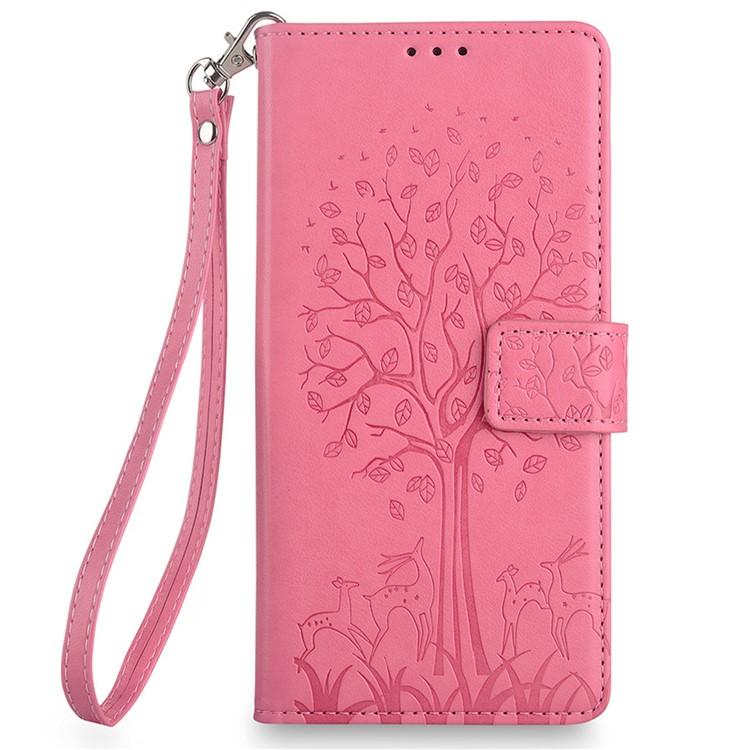 Funda de piel con relieve de árbol y ciervo para Redmi A5 4G (171,7 mm) (rosa)