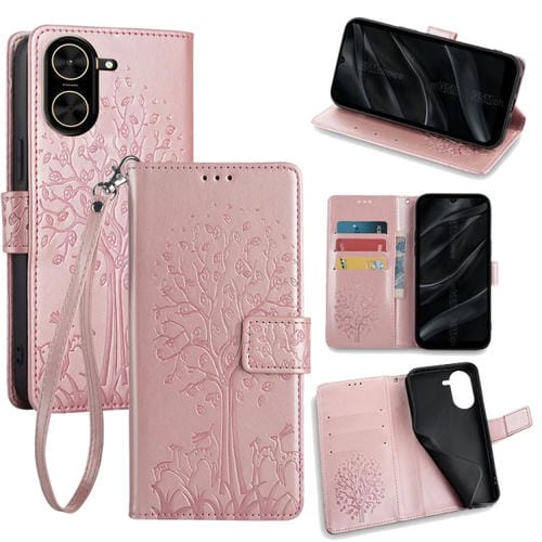 Funda de piel con relieve de árbol y ciervo para Redmi A5 4G (171,7 mm) (oro rosa)
