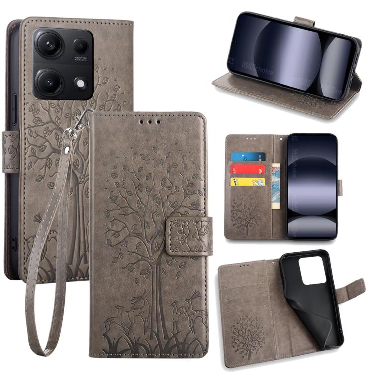 Funda de piel con relieve de árbol y ciervo para Redmi Note 14S 4G (gris)