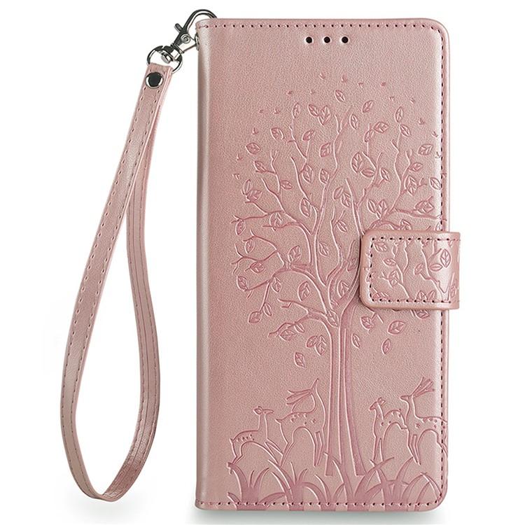 Funda de cuero con relieve de árbol y ciervo para Redmi Note 14S 4G (oro rosa)