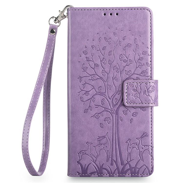 Funda de piel con relieve de árbol y ciervo para Redmi Note 14S 4G (morada)