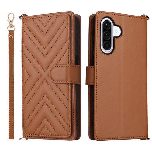 Funda de cuero multifuncional para Samsung Galaxy A17 5G con 6 ranuras para tarjetas y correa para la muñeca (marrón)