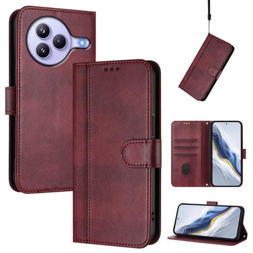 Funda de cuero retro con hebilla y empalme de línea para Xiaomi Civi 5 Pro 5G (rojo vino)