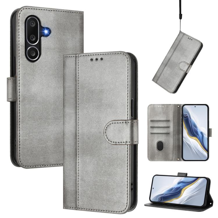 Funda de cuero retro con hebilla y empalme de líneas para Samsung Galaxy M56 5G (gris)