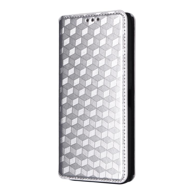 Funda de cuero con tapa y textura de cuadrícula cúbica para Samsung Galaxy M56 5G (plateada)