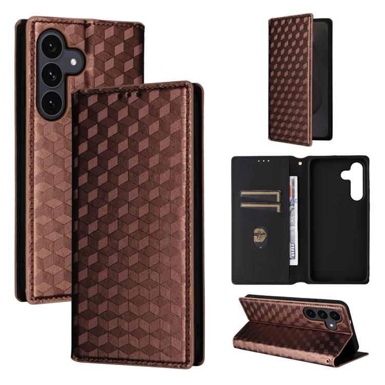 Funda de cuero con tapa y textura de cuadrícula cúbica para Samsung Galaxy S25 FE 5G (marrón)