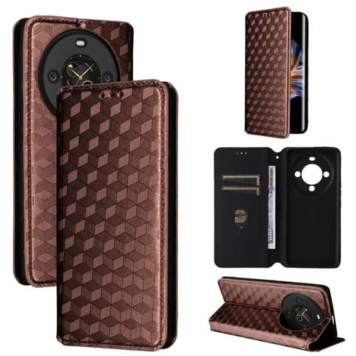 Funda de cuero con tapa y textura de cuadrícula cúbica para Fossibot S3 Pro (marrón)