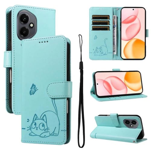 Funda de cuero con tapa y estampado de gato adorable para Honor 400 Global (156,5 mm) (verde)