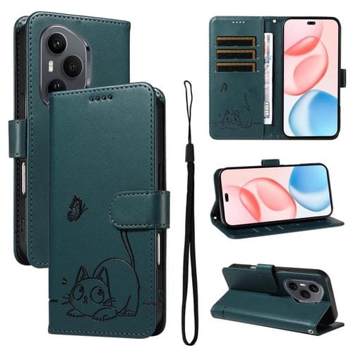 Funda de cuero con tapa y estampado de gato adorable para Honor 400 Pro Global (160,8 mm) (verde oscuro)