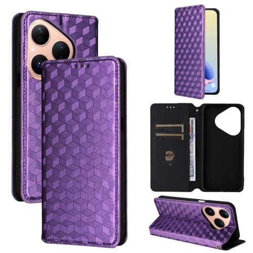 Funda de cuero con tapa y textura de cuadrícula cúbica para Huawei Pura 80 5G (morada)