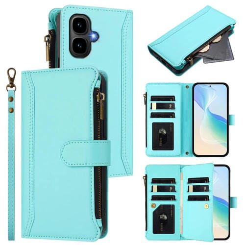 Funda de cuero con cierre magnético, 9 ranuras para tarjetas, cremallera y correa de mano para Infinix Smart 10 4G / Tecno Pop 10 (verde menta)