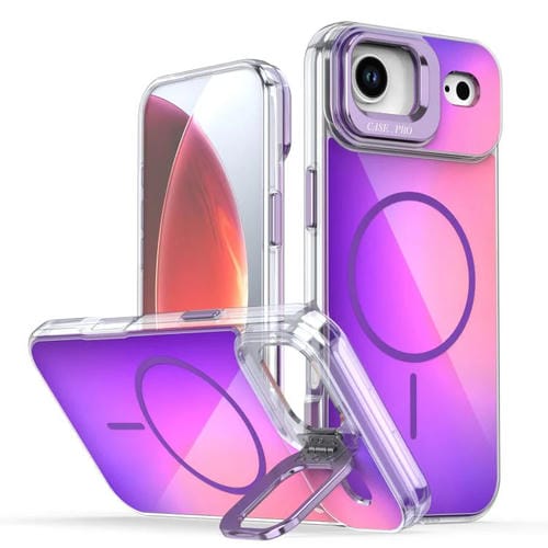 For iPhone 17 Air Gradient Discolor Lens Kickstand Magsafe Phone Case(Purple)