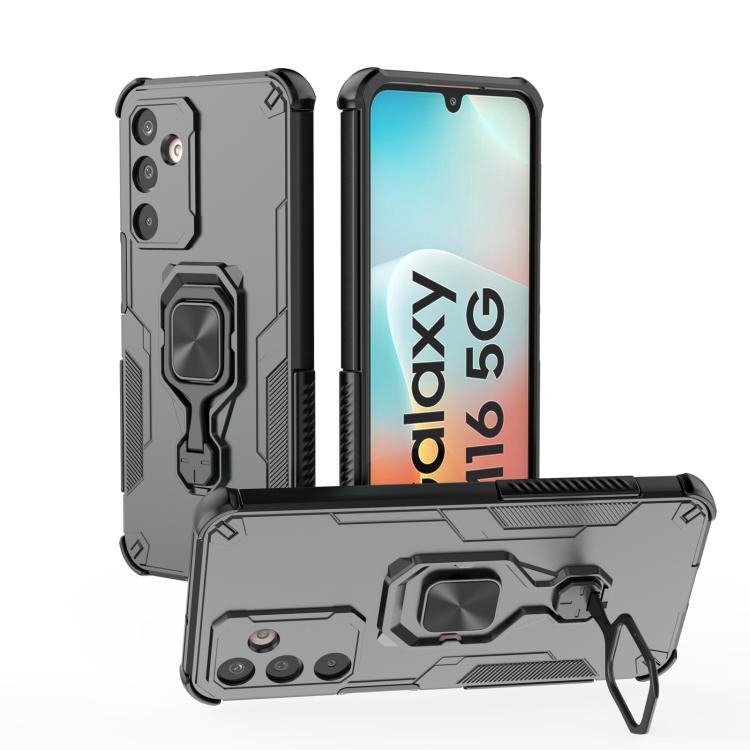 Funda híbrida de TPU y PC con soporte metálico para Samsung Galaxy M16 5G (negra)