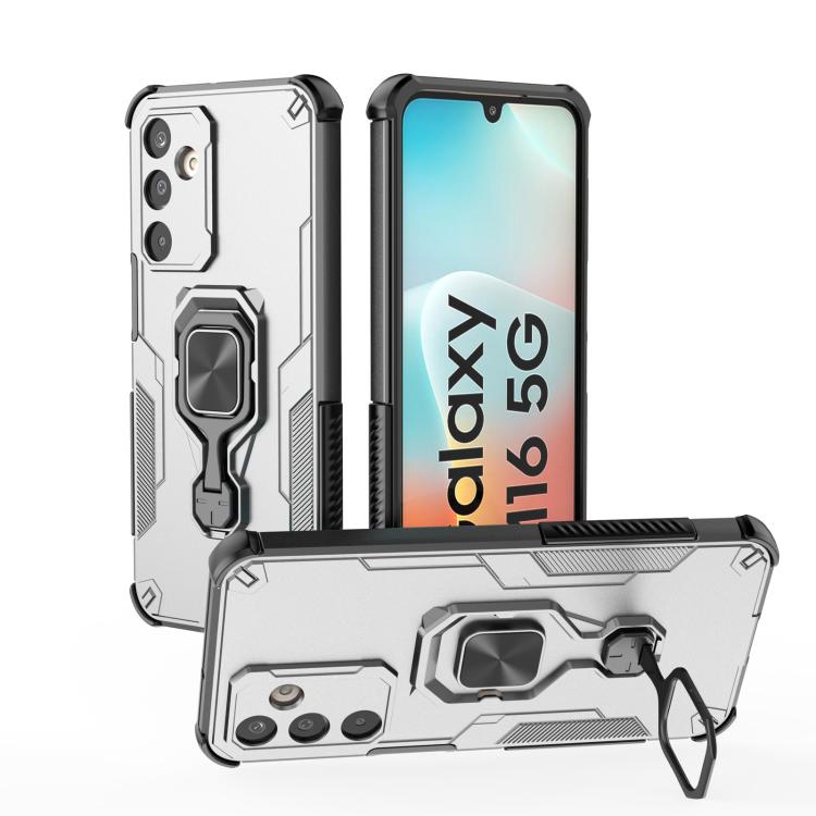 Funda híbrida de TPU y PC con soporte metálico para Samsung Galaxy M16 5G (gris)