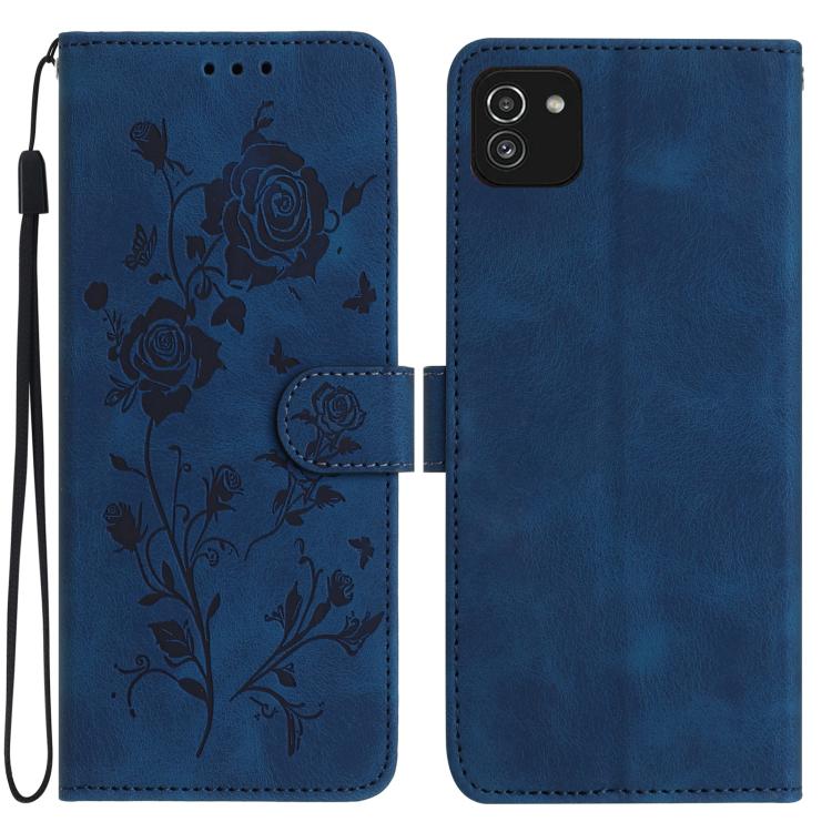 Funda de cuero con estampado floral en relieve para Samsung Galaxy A03 (azul oscuro)